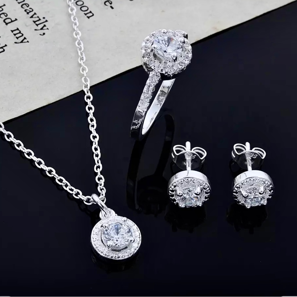 3pc Dainty 14k Diamond Halo Ring Necklace Stud Earrings Nwt
